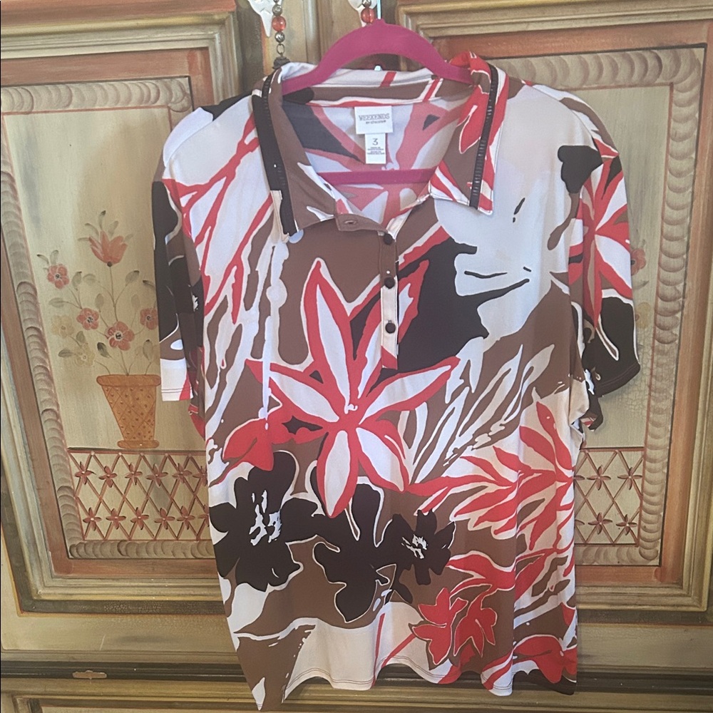 Chico's Weekends Floral Polo in Red, Brown, Black, White